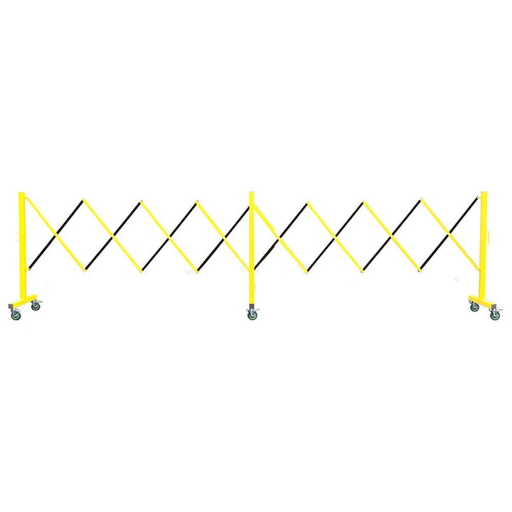 Yellow steel expandable barricade, extending up to 4.9m, ideal for crowd control and safety barriers.

