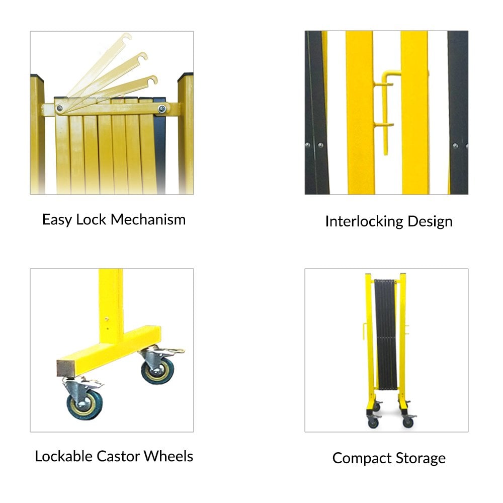 Durable yellow steel expandable barricade, extending 3.4 metres, designed for clear visibility and safety.