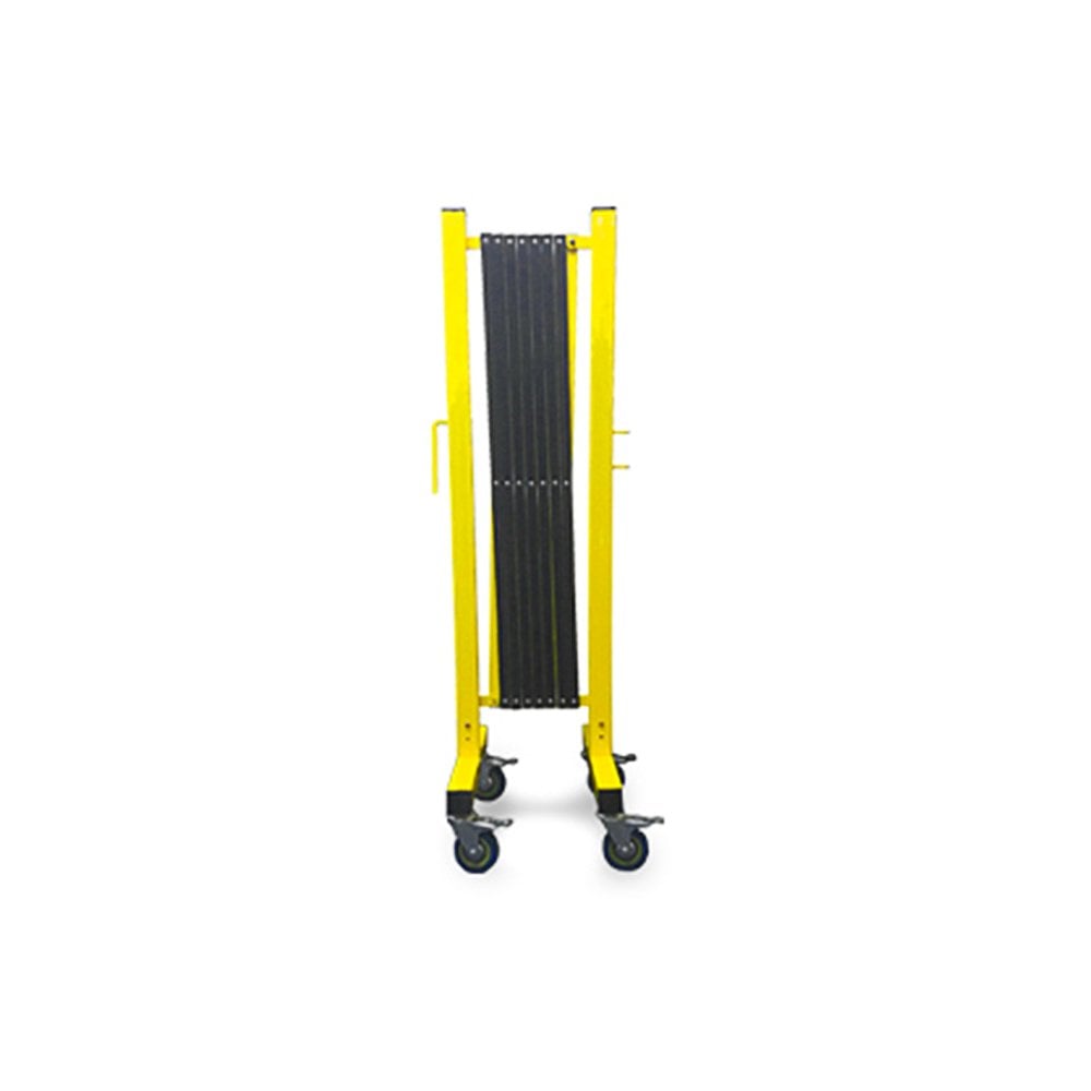 Yellow steel expandable barricade measuring 3.4 metres, ideal for marking boundaries or controlling crowds.