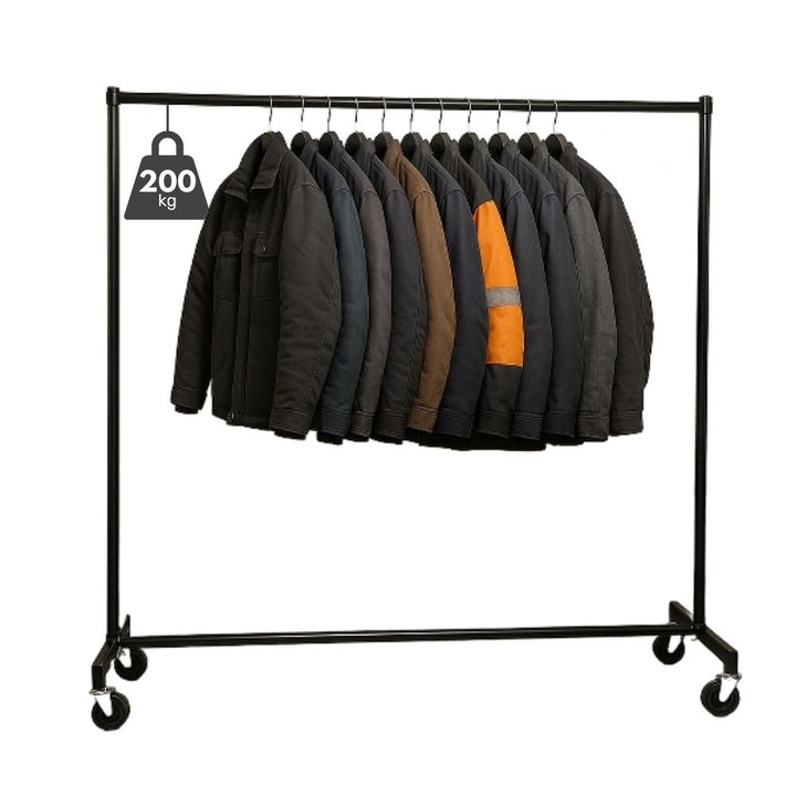 Black commercial clothes rail – 6ft wide, reinforced steel frame with 200kg weight limit for industrial display