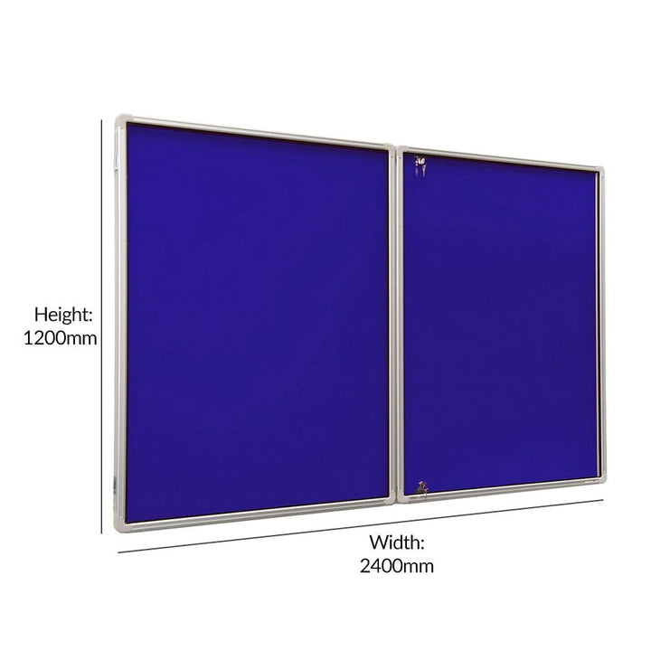 Tamperproof dark blue felt noticeboard, framed for added durability, measuring 2400 x 1200mm, perfect for use in busy areas.

