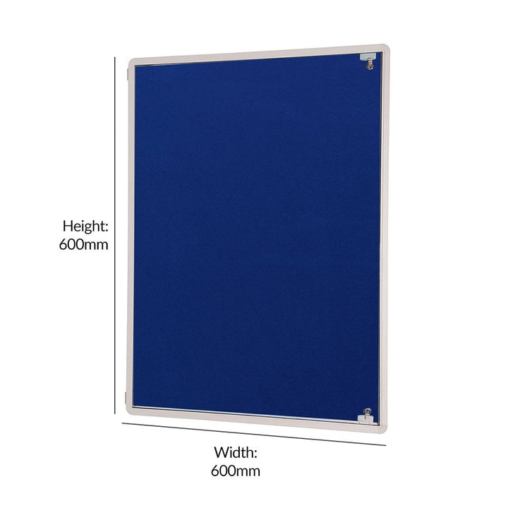 Tamperproof dark blue felt noticeboard, framed for durability, measuring 900 x 600mm, perfect for smaller, high-traffic areas.

