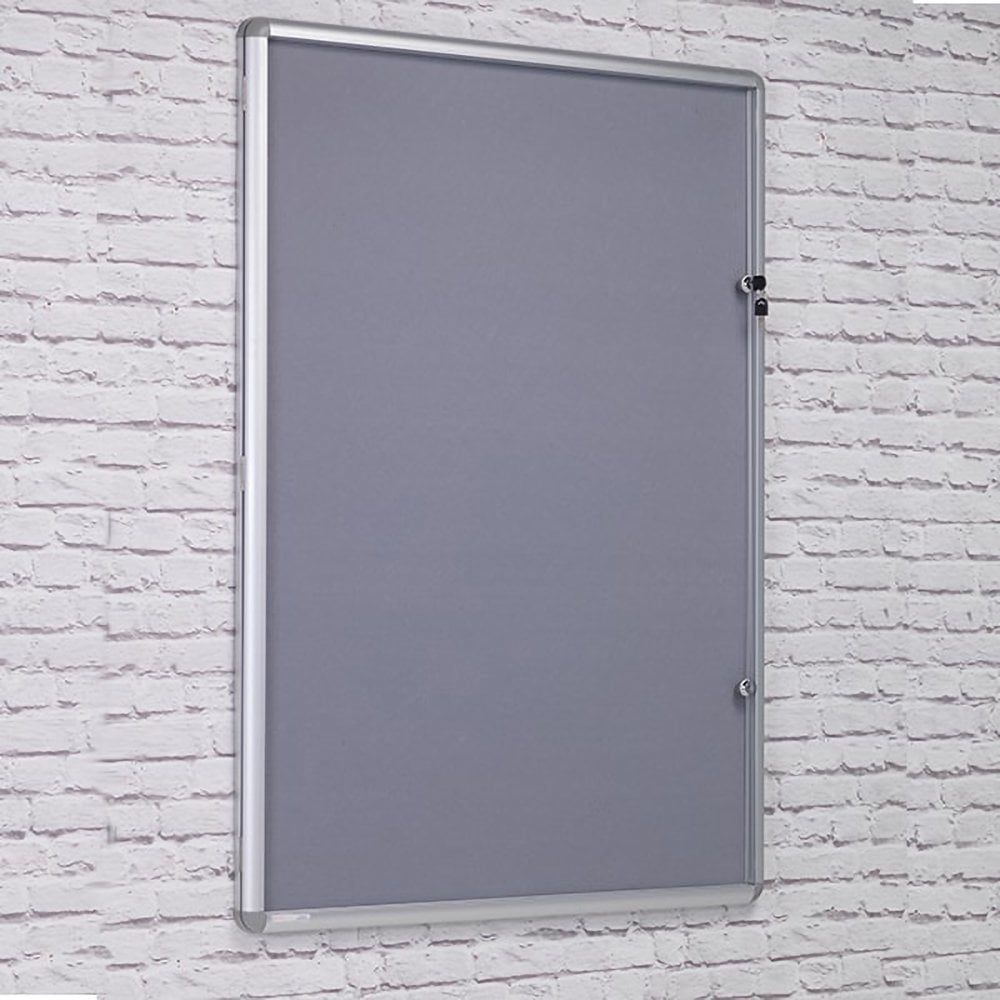 Tamperproof grey felt noticeboard, framed for durability, measuring 1200 x 900mm, ideal for use in busy environments.

