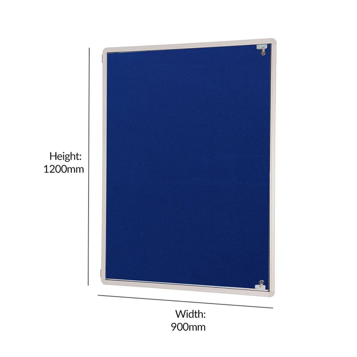 Dimension diagram of a blue felt tamperproof noticeboard, 1200mm high by 900mm wide with a single lockable door, for displaying notices in public areas.
