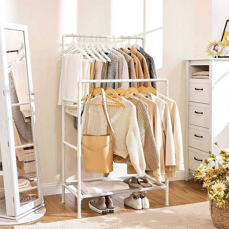 White Double Clothes Rail with Storage Shelf and Side Rails