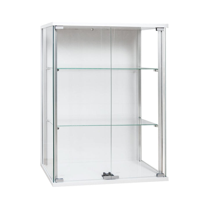 White wall-mounted display cabinet – 600mm wide unit with double glass doors and two adjustable internal shelves