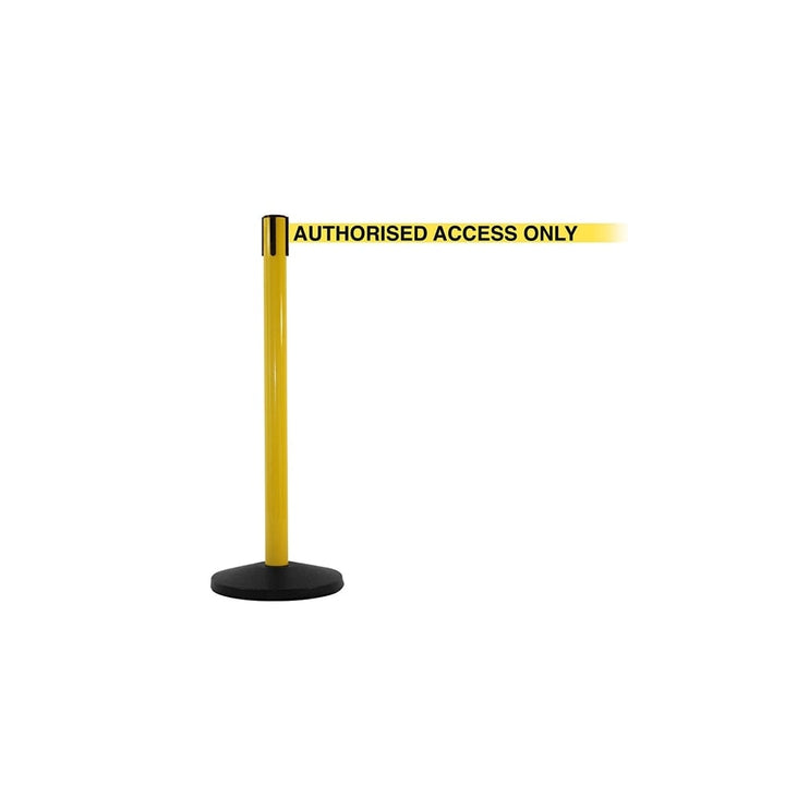 Yellow safety barrier post with a 3.4m retractable yellow belt printed with 'Authorised Access Only', ideal for restricted areas.
