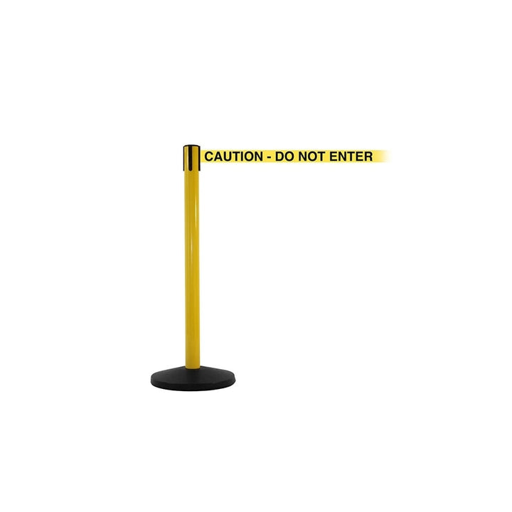 Yellow safety barrier post with a 3.4m retractable yellow belt printed with 'Caution Do Not Enter', ideal for restricting access.
