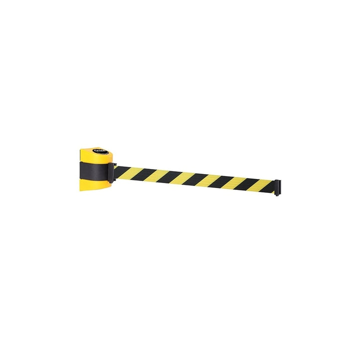 Yellow wall-mounted retractable barrier with a 4.6m yellow and black belt, ideal for safety and restricted access.
